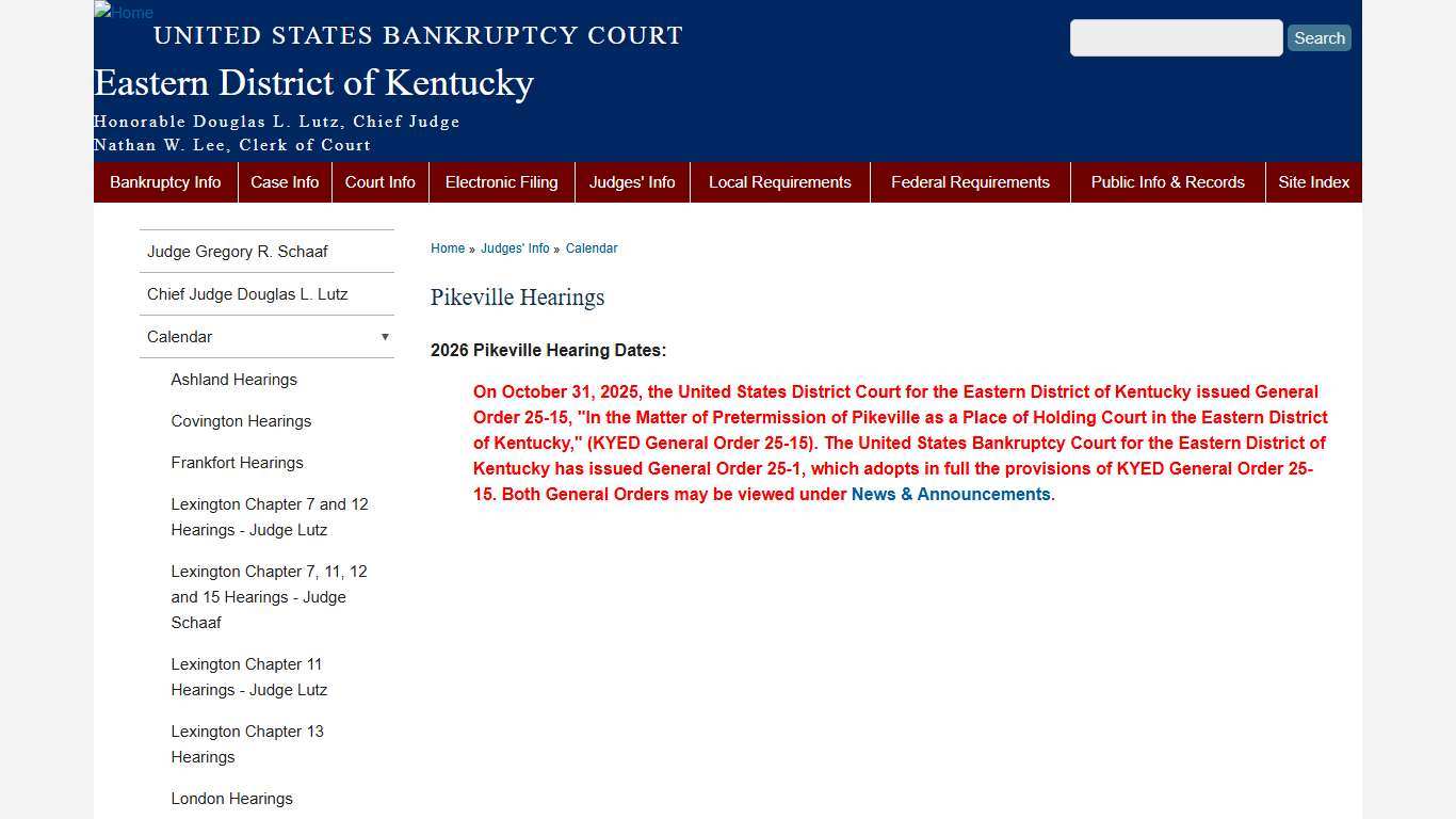 Pikeville Hearings Eastern District of Kentucky United States Bankruptcy Court